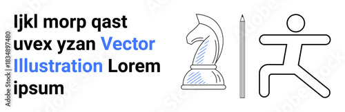 Strategy, creativity, learning, productivity, activity, design . Chess knight, pencil and human figure elements arranged on a white background. Strategy and creativity concepts