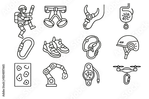 Vector ai icon harness mountaineer climbing robotic gear hook carabiner wall