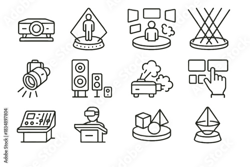 Interactive virtual holographic icons stage machine icon system control screens laser vector