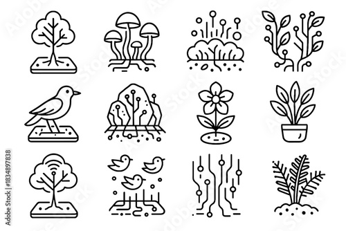 Data flowers trees virtual holographic forest icons wildlife ferns digital icon vector