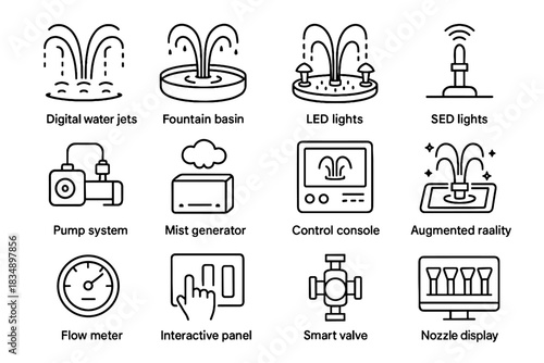Vector icon smart fountain icons console water nozzle mist pump led digital