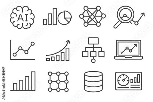 Laptop ai charts bars grid glass magnifying panel dashboard icon vector