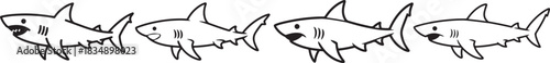 Set of Shark Line Art Illustration, Coloring Book Page Line Art Drawing