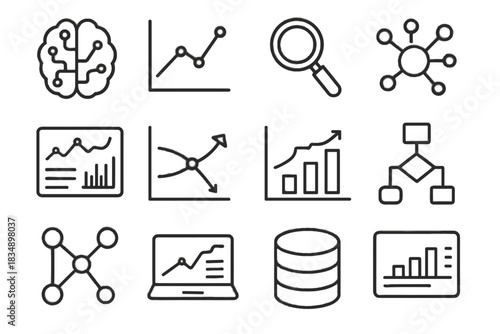 Vector screen neural predictive lines network icon ai magnifying analytics graph bars