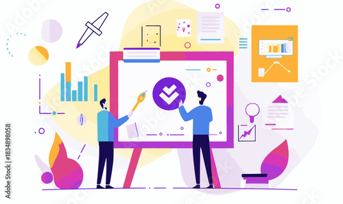 Modern business team completing project tasks, achieving goals and success