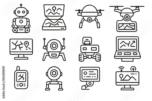 Vector analyzer scouting icon robotic connected icons virtual rover digital device responsive