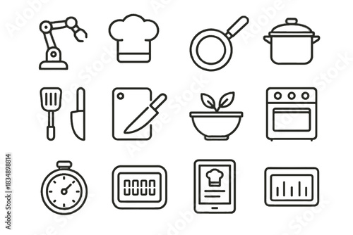 Vector cooking icons spatula kitchen robot board recipe bowl pot oven icon