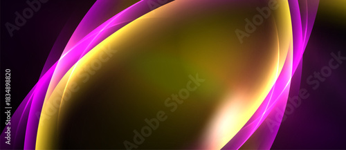 Abstract design features flowing curves, vibrant purple, gold hues. Dark background emphasizes luminous shapes, creating dynamic visual effect.