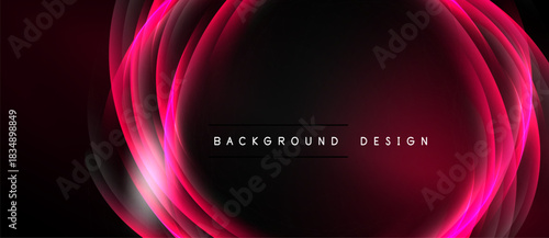 Abstract pink layers over black background. Modern design features glowing circular shapes, text reads background design. Minimalist aesthetic.