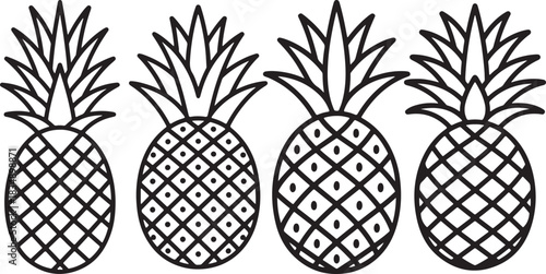 Set of Pineapple Line Art Illustration, Coloring Book Page Line Art Drawing