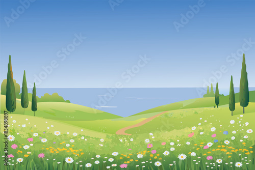 a vibrant landscape with green hills a winding path and a blue