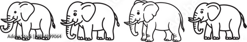 Set of Elephant Line Art Illustration, Coloring Book Page Line Art Drawing