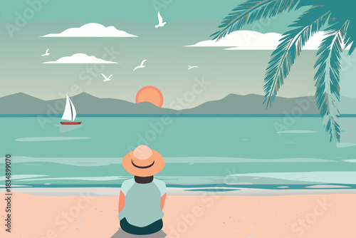 A serene coastal scene featuring a person on a beach birds and