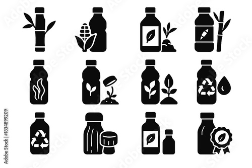 Compostable glass bio eco bottle friendly wooden icon bamboo vector water sugarcane