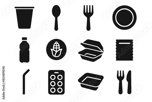 Vector plate biodegradable packaging friendly eco plastic cpla fork icon pla bottle