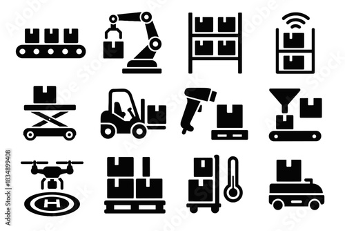 Trolley forklift autonomous conveyor icons smart icon system warehouse stack vector platform