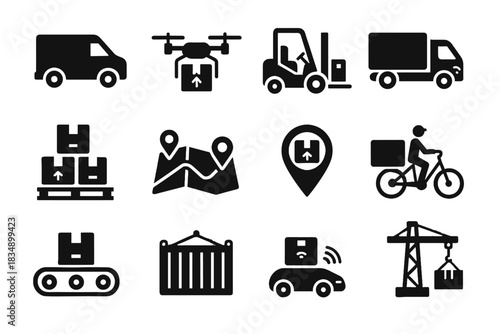 Route shipping conveyor belt autonomous van electric logistics set vector icon container