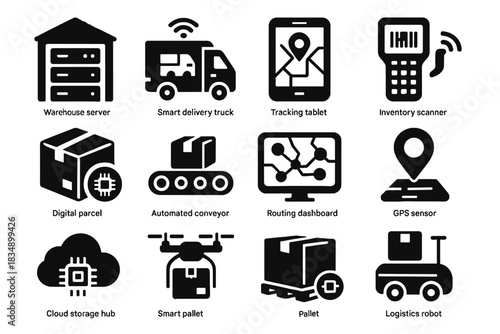 Drone delivery routing vector conveyor logistics robot icons icon smart tracking digital