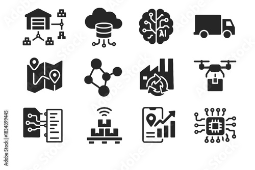 Drones pallets ai route database hub supply digital icon cloud icons vector