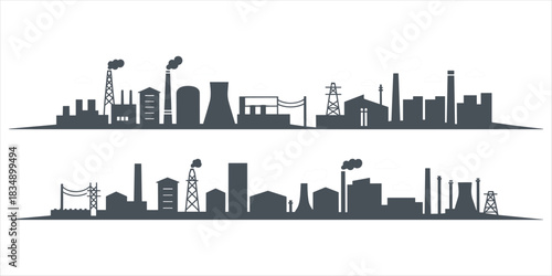 Silhouettes of industrial city skylines with smokestacks and power lines Keywords: industrial, city, skyline, silhouette, factory