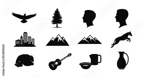 A collection of monochrome icons depicting nature urban scenes and objects