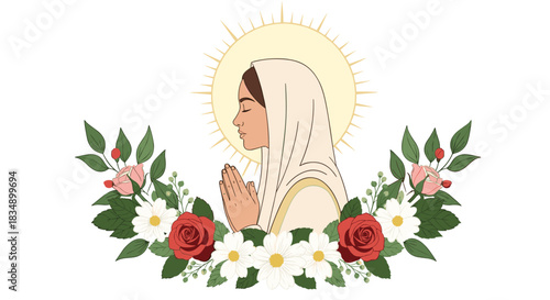 Praying woman with flowers religious illustration serene and peaceful.