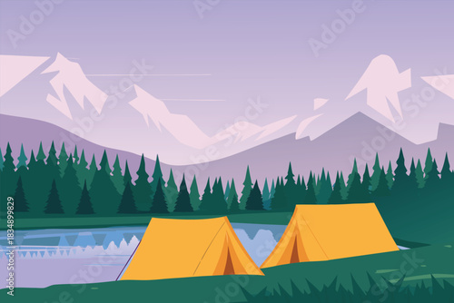 A peaceful campsite nestled by a calm lake with mountains in distance