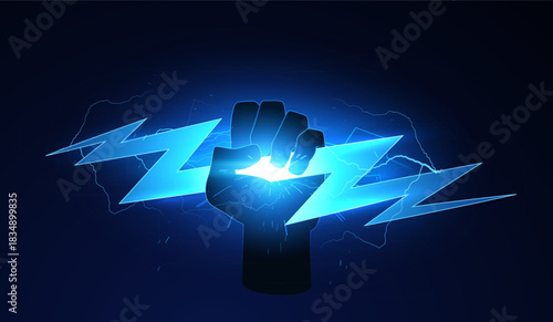 Thunderbolt blue lightning shining effect in hand fist glowing on dark, vector energy burst fight or strength symbol