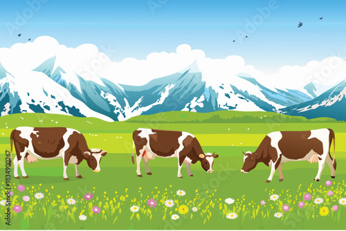 a peaceful countryside scene featuring grazing cows and majestic snow capped mountains