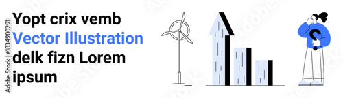 Renewable energy, business analytics, challenges, problem-solving, green solutions, and planning. Wind turbine, growth chart and person in thought. Renewable energy and business analytics concepts
