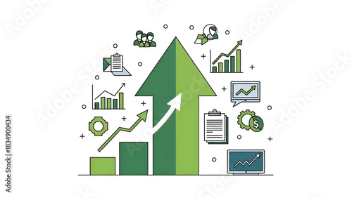 A green-themed illustration representing sustainable business growth, analytics, and financial success. Great for finance, eco-business, and investment designs.
