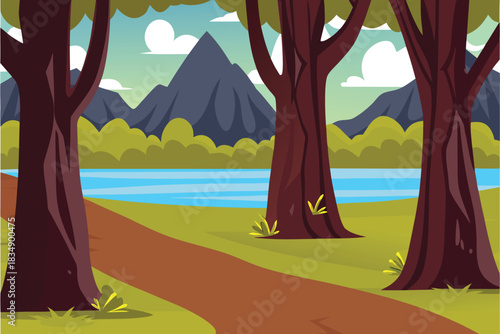 A peaceful landscape featuring trees a lake mountains and a winding path