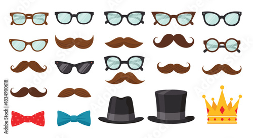 Collection of glasses mustaches hats bow ties and crown.