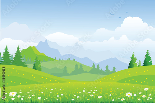 a vibrant landscape featuring green hills mountains and a clear blue sky