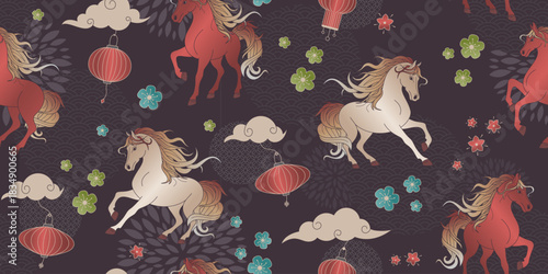 Horse seamless pattern for Chinese New Year 2026 greeting. Horses with paper lanterns and traditional motives on brown background. Vector design for card, banner, textile, fabric