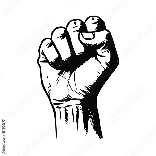Black and white illustration of a clenched fist raised