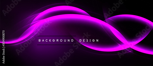Abstract purple waves over black background. Modern design element, dynamic curves, sleek presentation. Simple text overlay present.