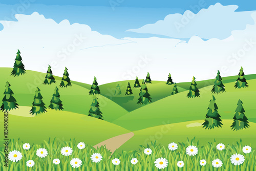 a rolling green landscape with trees and a path under a blue