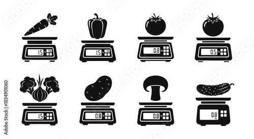 Black and white illustration depicting various vegetables weighed on digital scales