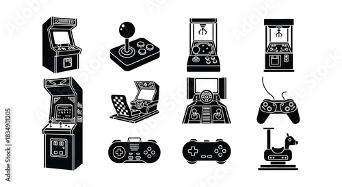 Collection of retro arcade game machines and gaming controllers icons