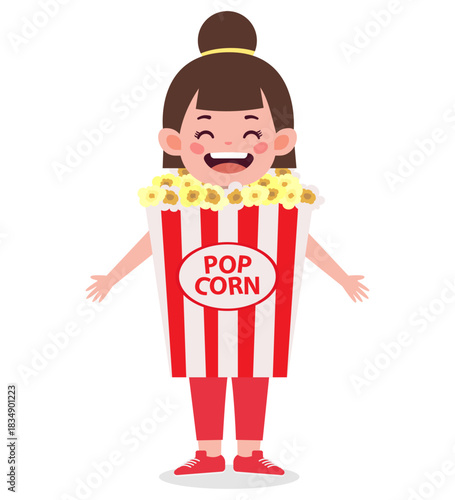 A cartoon girl wearing a red and white striped popcorn bucket costume with a big smile.