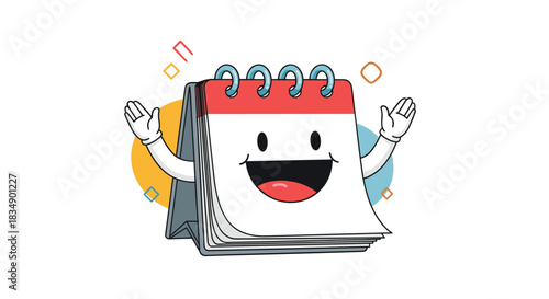 Cheerful calendar character with arms and a big smile ready for scheduling.