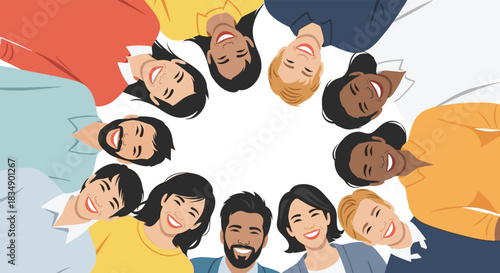 Diverse group of people smiling and looking down together.