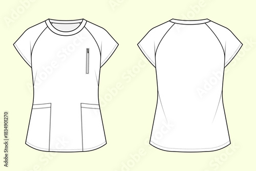 Women's Raglan Sleeve Diverse Medical Scrub Top Collection Technical Flat Sketches