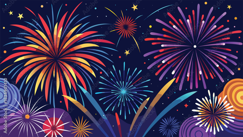 Naklejka premium vibrant colorful fireworks display illuminates a dark night sky with sparkling trails