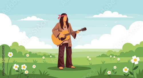Hippie playing guitar in a field of flowers.