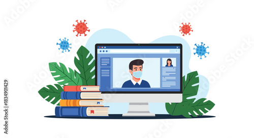 Online learning during pandemic with mask and books.