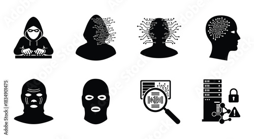 Illustrations of hooded figures using laptops depicting a hacker or anonymous persona