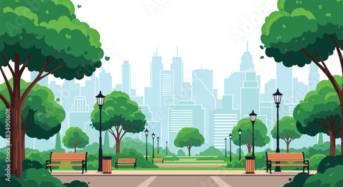 Scenic park view with benches and trees in front of city.