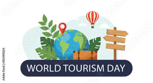 World Tourism Day Celebration: Globe Travel Essentials and Sign.